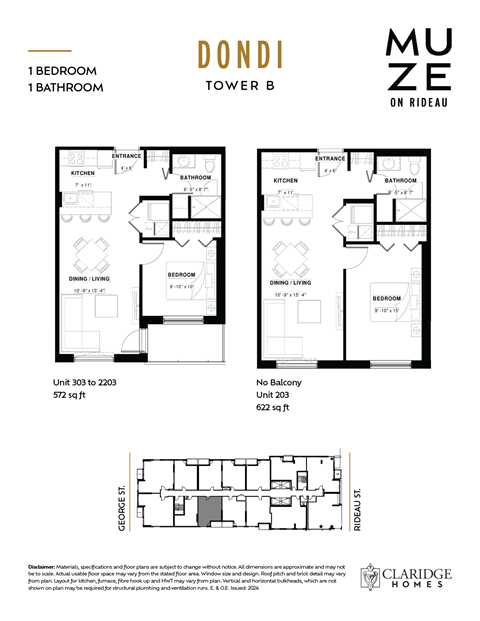 Floor plan for 1 bed, 1 bath, 572 sqft